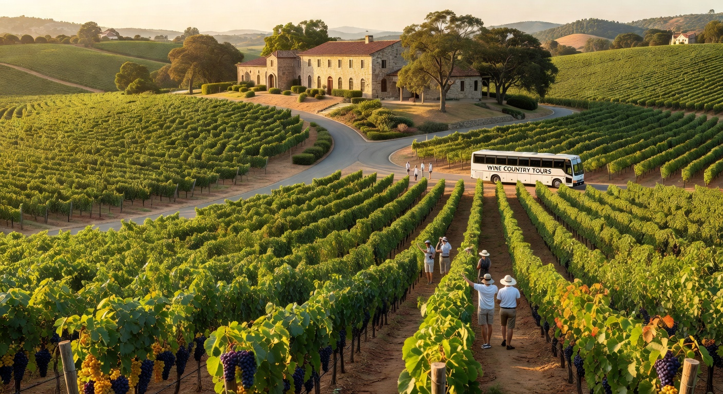 Golden evening light over classic Bordeaux vineyard rows with harvest workers